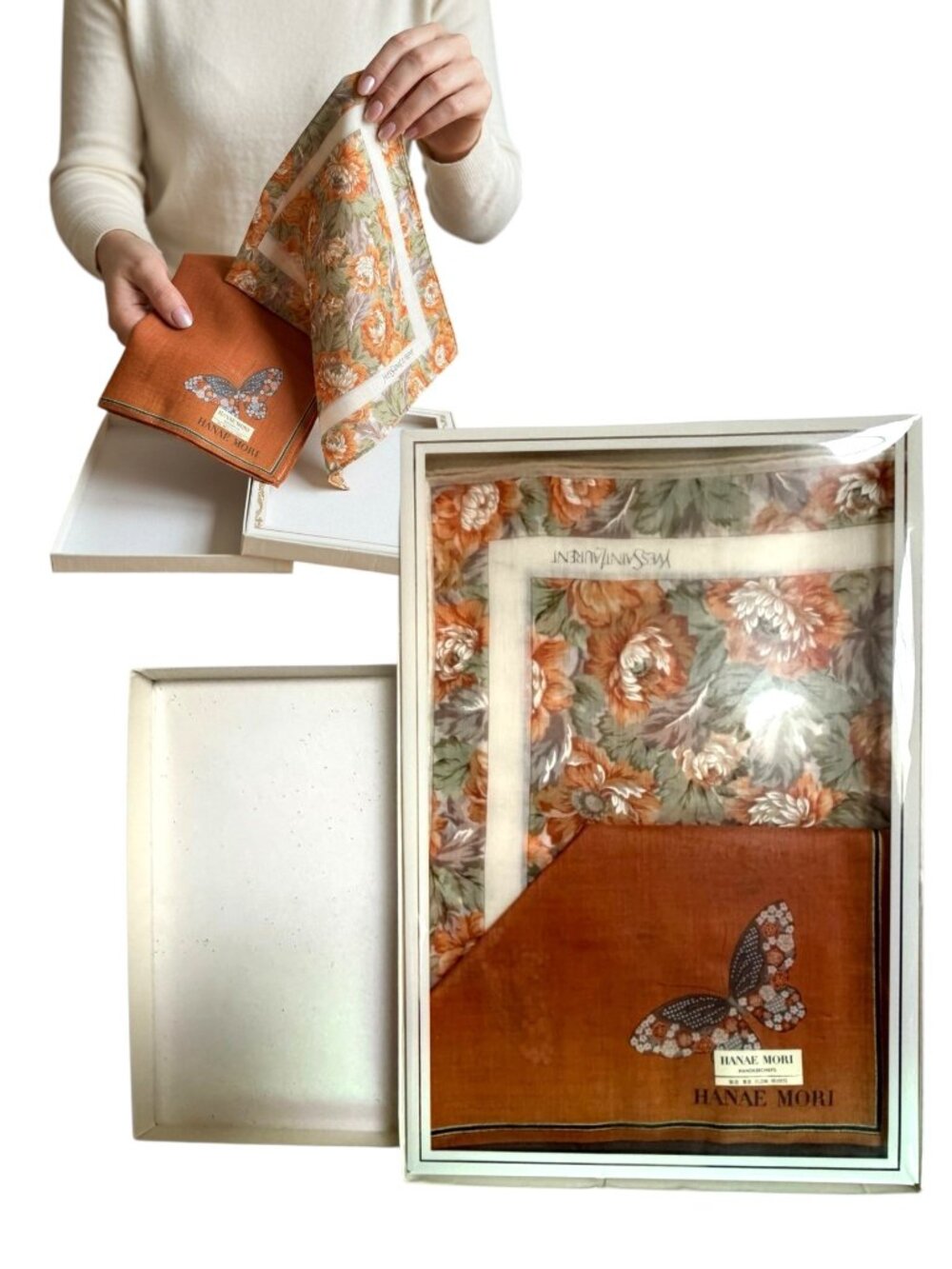 70's VINTAGE RARE YSL HANAE MORI BUTTERFLY HANDKERCHIEF DEADSTOCK SET